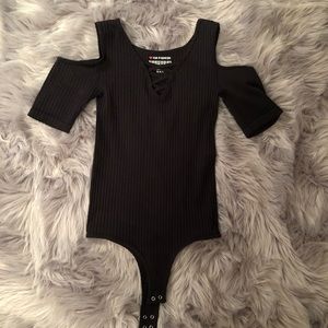 Black cold shoulder bodysuit